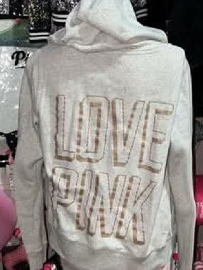 PINK Victoria's Secret Cream Hoodie with Gold 'LOVE PINK' Back Print